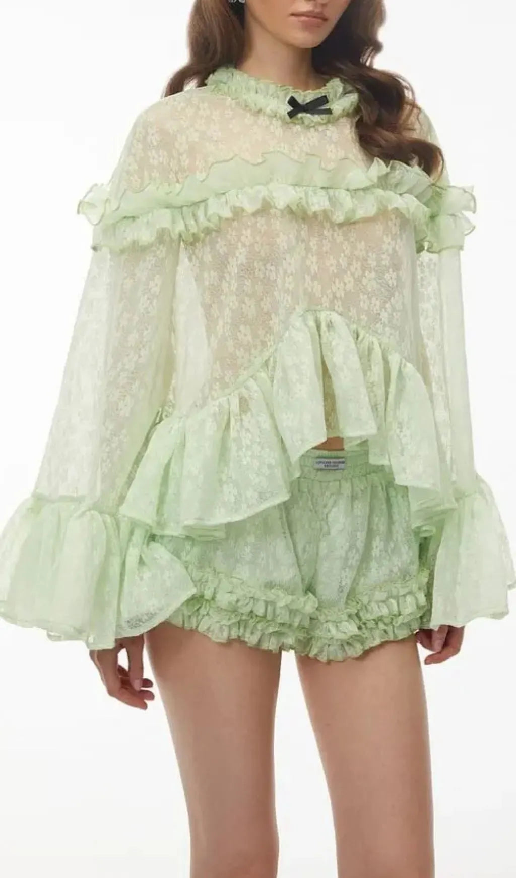Vanessa Mint Green Floral Lace Ruffled Top & Shorts Set Flowering Girl