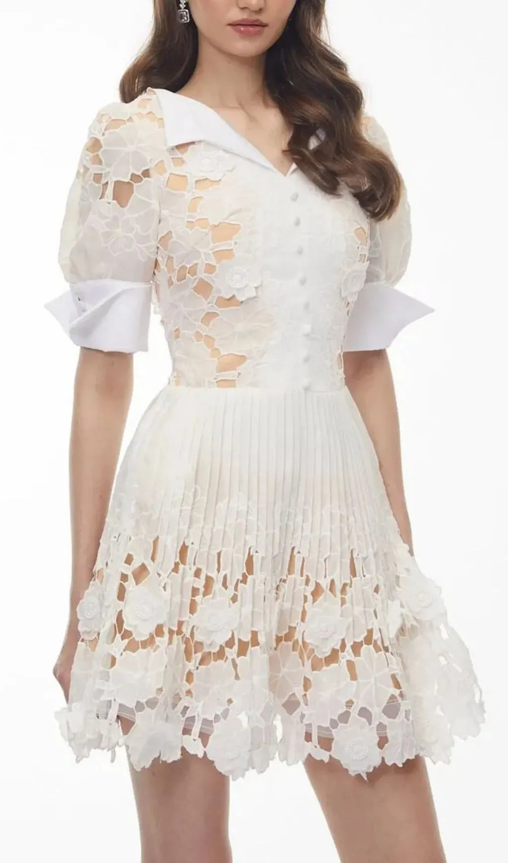 Selena White Floral Appliqué Mini Dress With Cut-Outs Flowering Girl