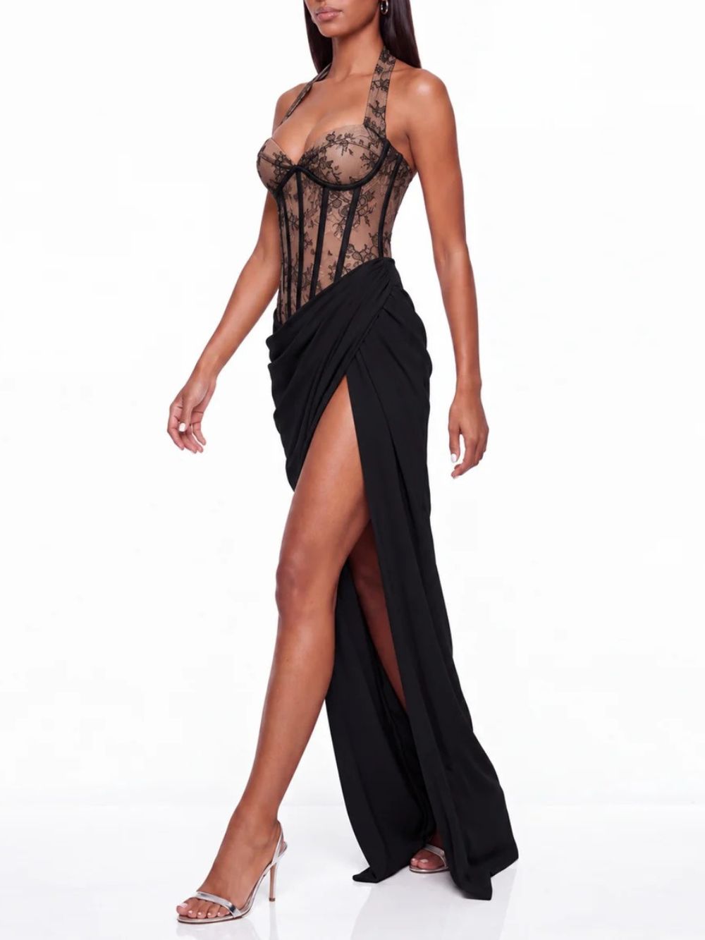 Fujiye Halterneck Lace Corset Split Dress In Black Flowering Girl