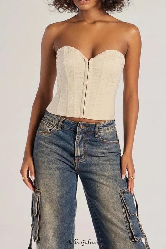 Brocade Satin Strapless Corset Top in white Flowering Girl