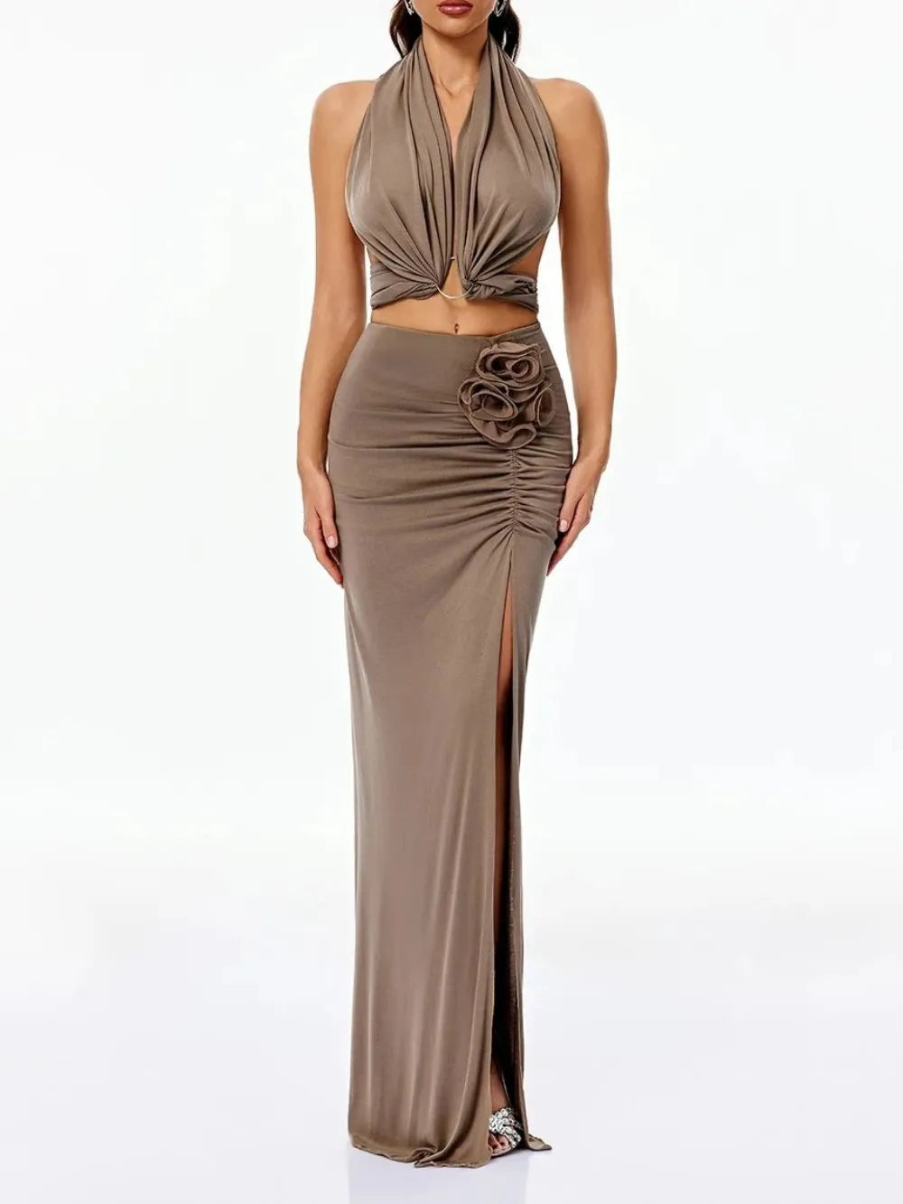 Cormyra Backless Ruched Split Skirt Set Flowering Girl