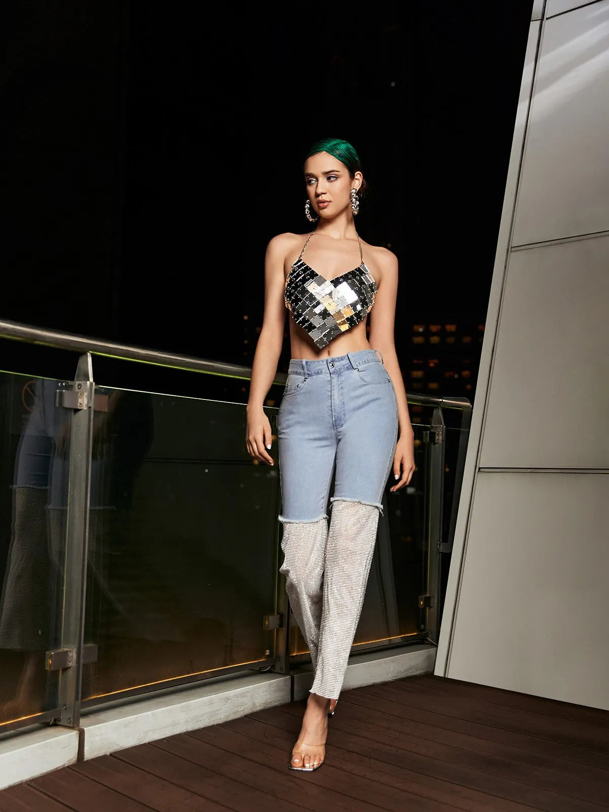 Mesh Denim Pants In White