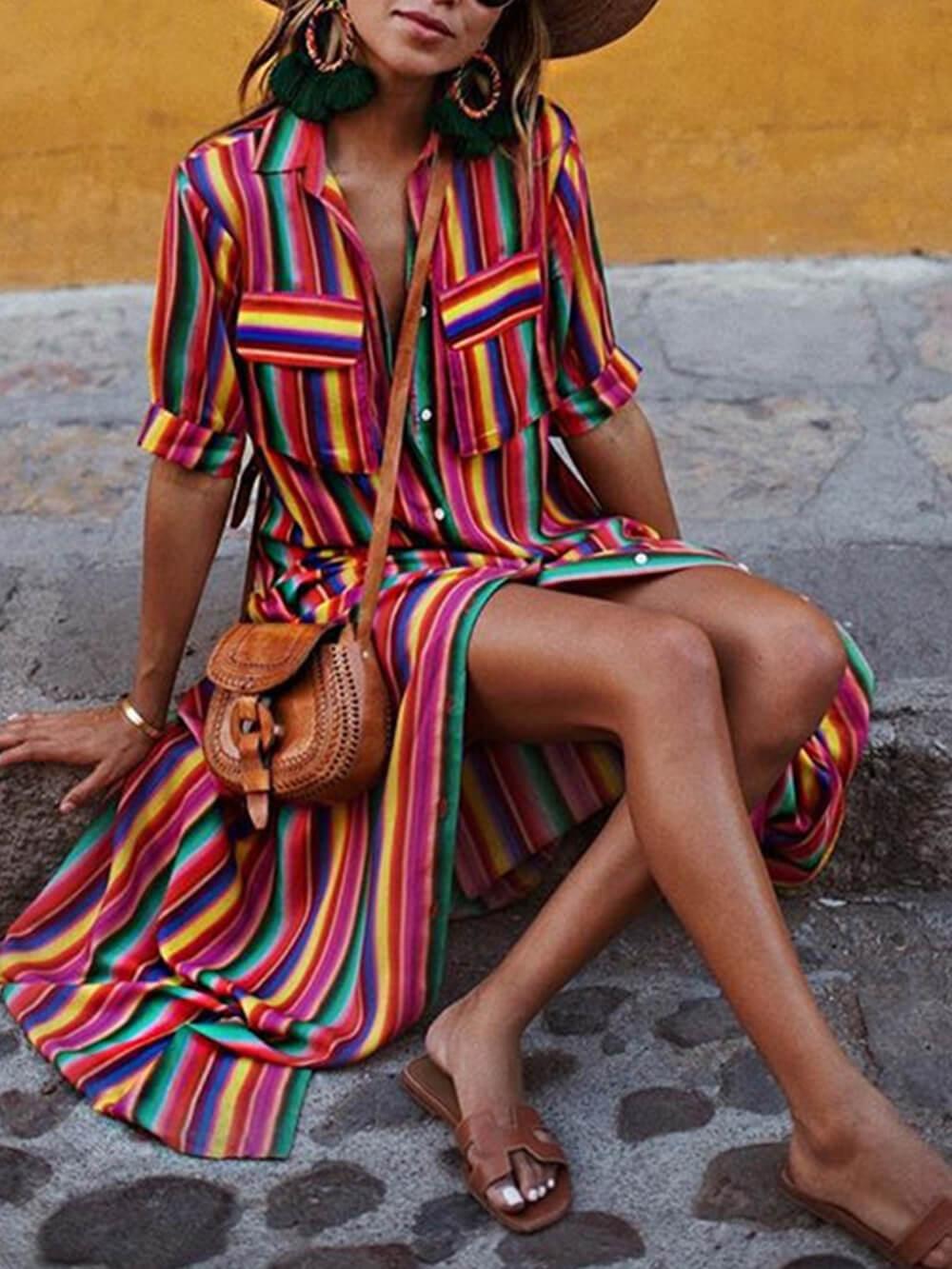 Casual Striped Printed Shirt Maxi Skirt Flowering Girl