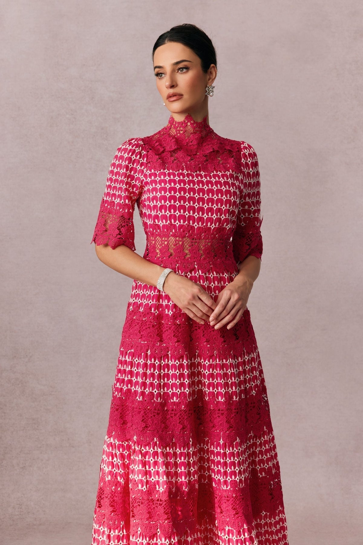 simona Embroidered Lace Midi Dress in red Flowering Girl