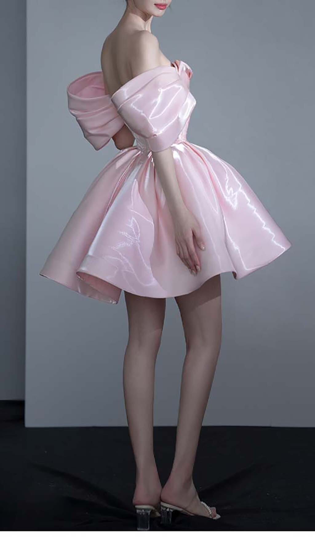 Off Shoulder Satin Mini Dress In Pink Flowering Girl