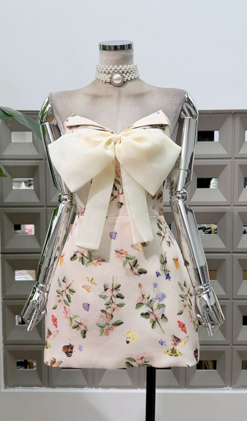 Krishna Strapless Bow Floral Mini Dress Flowering Girl