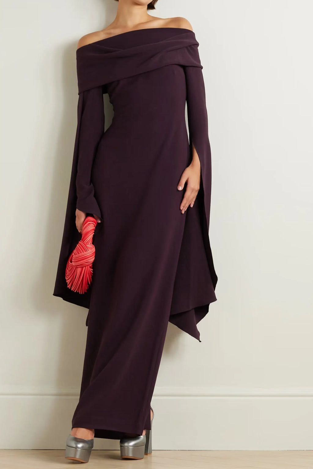 Draped Off-The-Shoulder Crepe Maxi Dress In Burgundy Flowering Girl