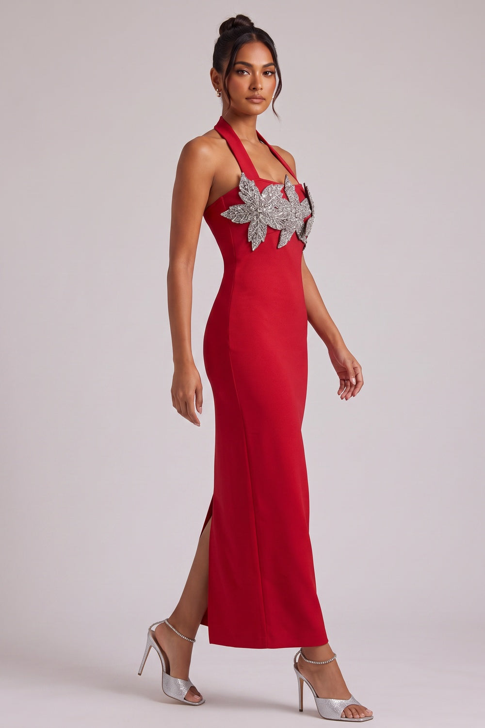 Red Halter Maxi Dress with Silver Floral Embellishment Flowering Girl
