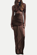 Jolleen Ruched Mesh Maxi Dress - Brown Flowering Girl