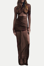 Jolleen Ruched Mesh Maxi Dress - Brown Flowering Girl