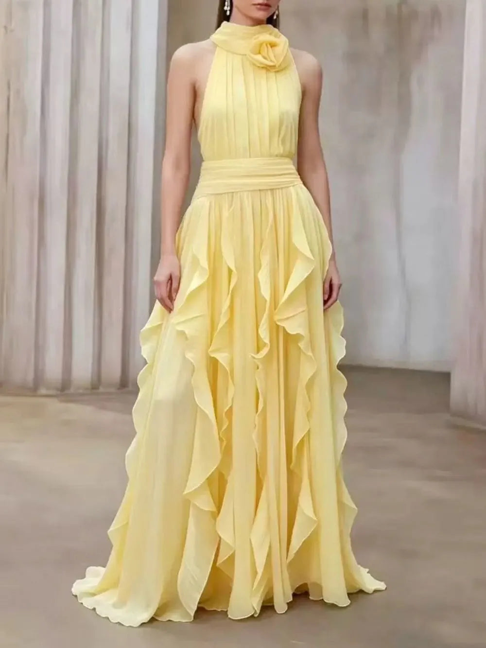 Yellow Chiffon A-Line Halter Maxi Dress Flowering Girl