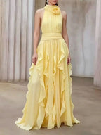 Yellow Chiffon A-Line Halter Maxi Dress Flowering Girl