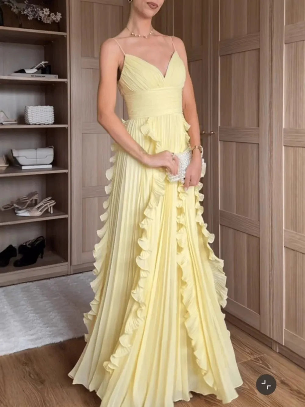 Marvene Spaghetti V-Neck Ruffle Pleated Maxi Dress Flowering Girl