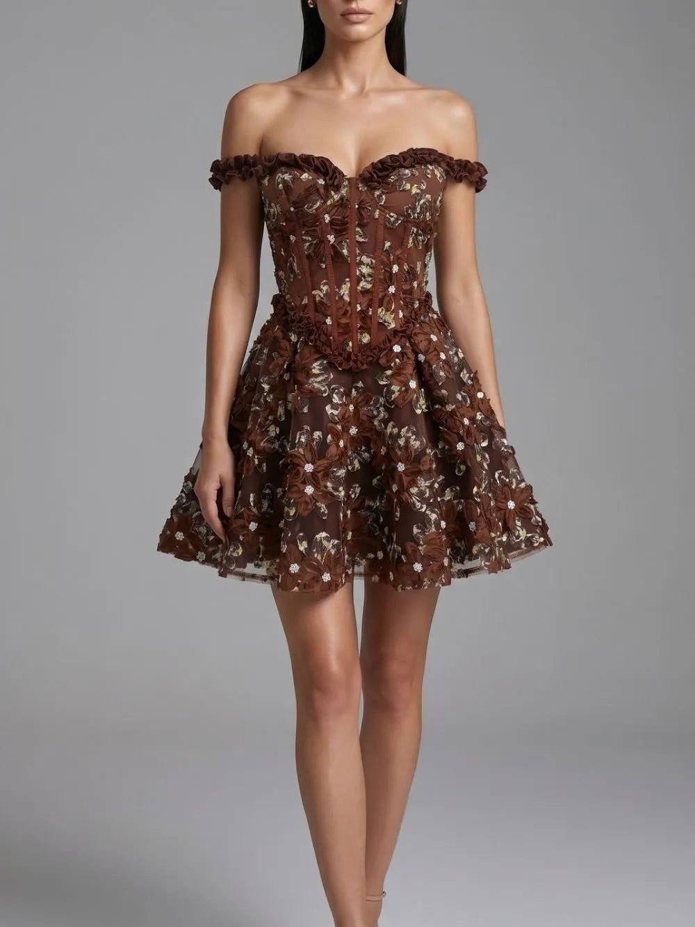 Jyvric Coffee Off Shoulder Flower Mini Dress Flowering Girl