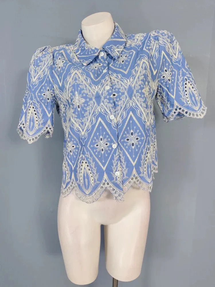 Blue & White Embroidered Puff Sleeve Lace Blouse Flowering Girl