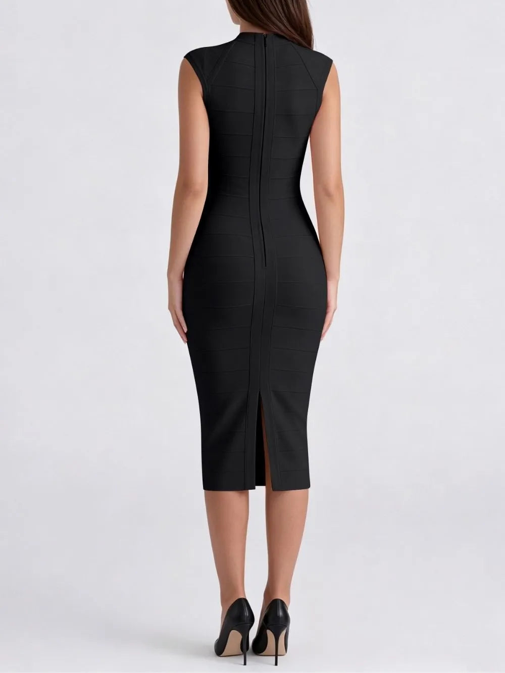 Marixa Black V-Neck Bandage Midi Dress Flowering Girl