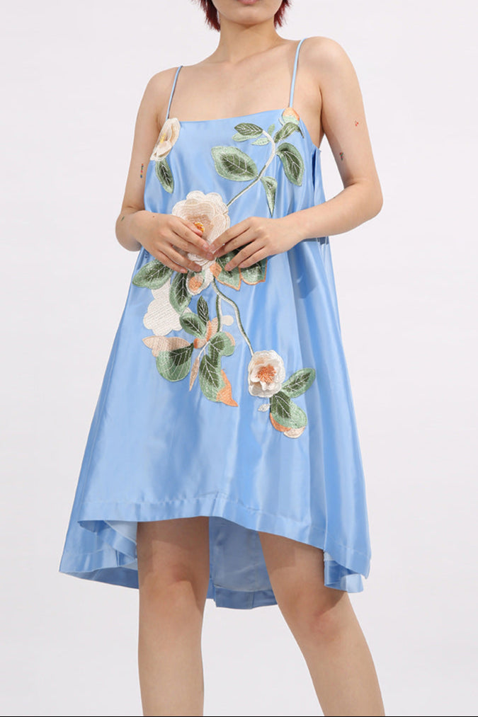 Edwina Applique Floral Embroidered Mini Dress In Blue Flowering Girl