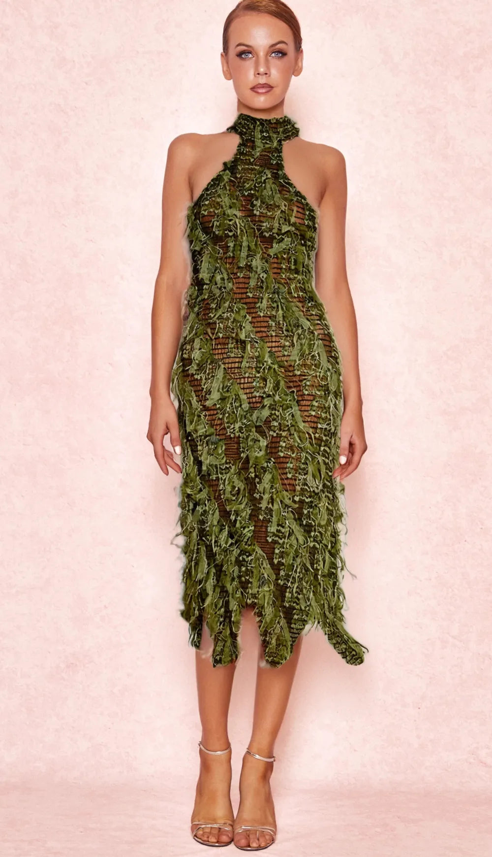 Halterneck Backless Hollow Midi Dress In Green Flowering Girl