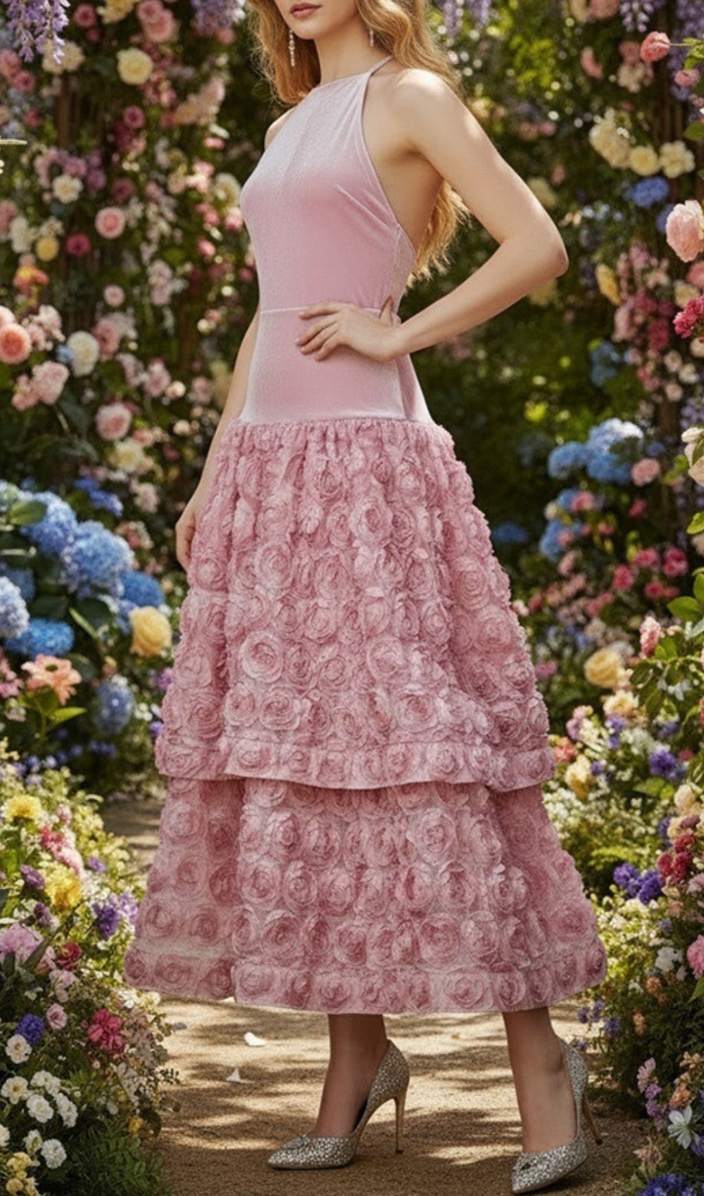 Jonila Pink Halter Flower Midi Dress Flowering Girl