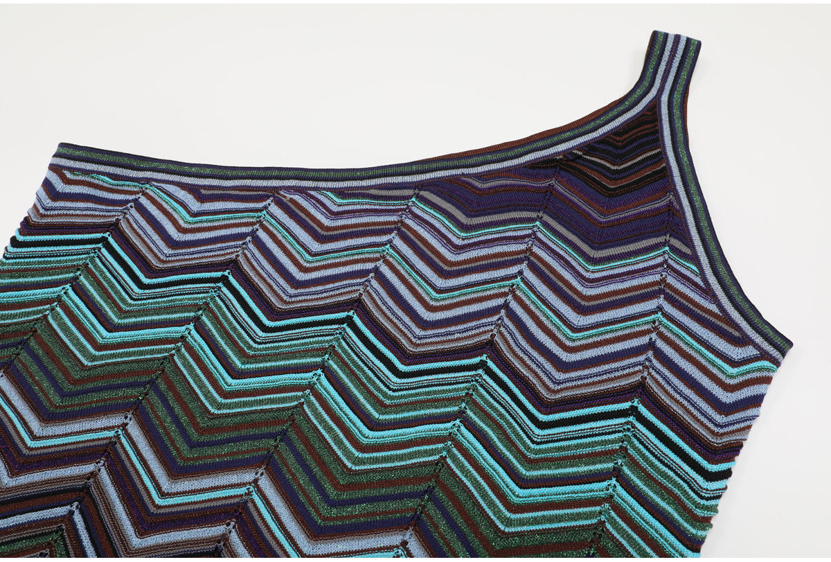 One-Shoulder Chevron Maxi Dress in Teal, Purple & Brown Flowering Girl