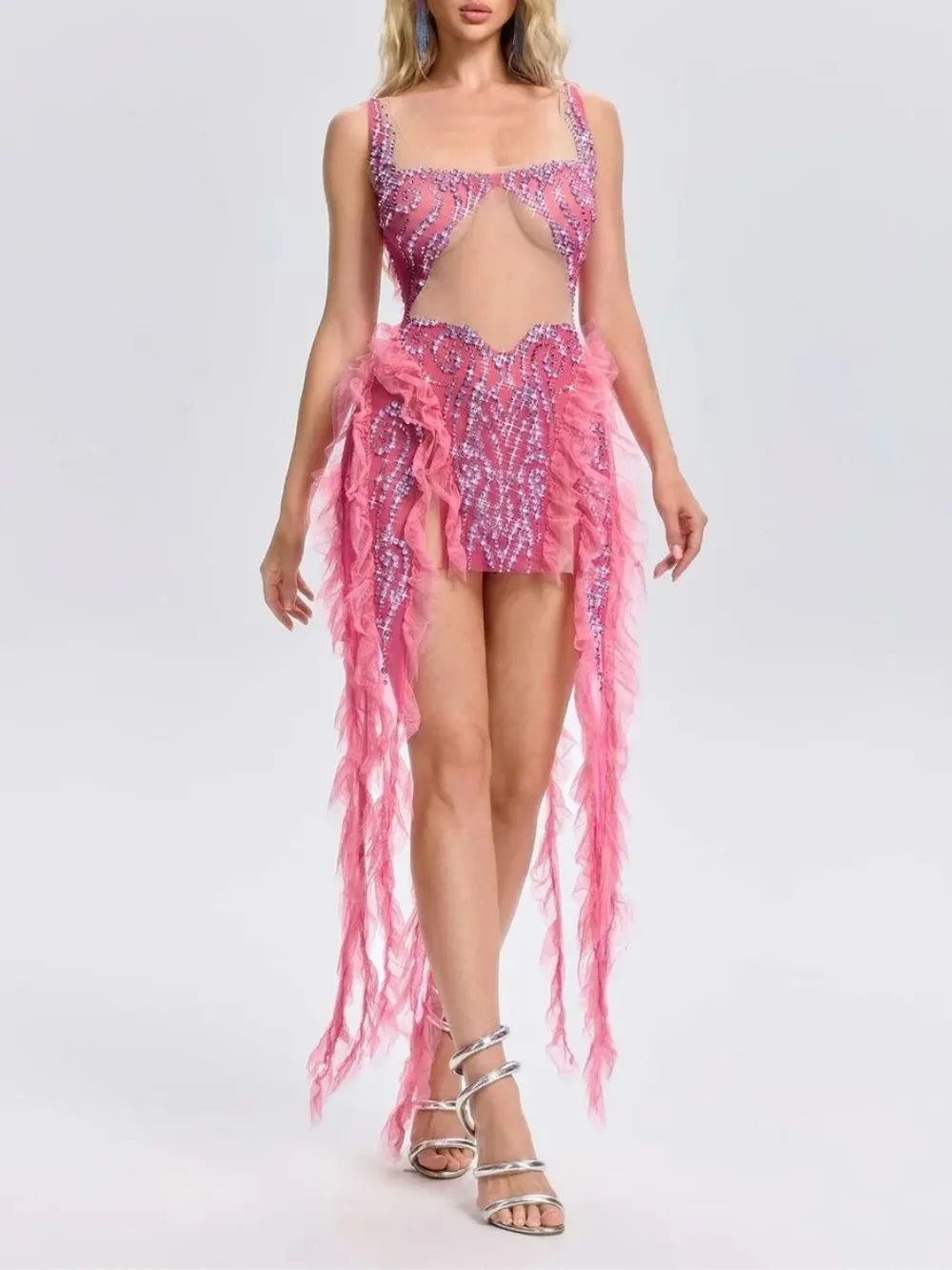 Ulrican Crystal Ruffle Mesh Mini Dress Flowering Girl