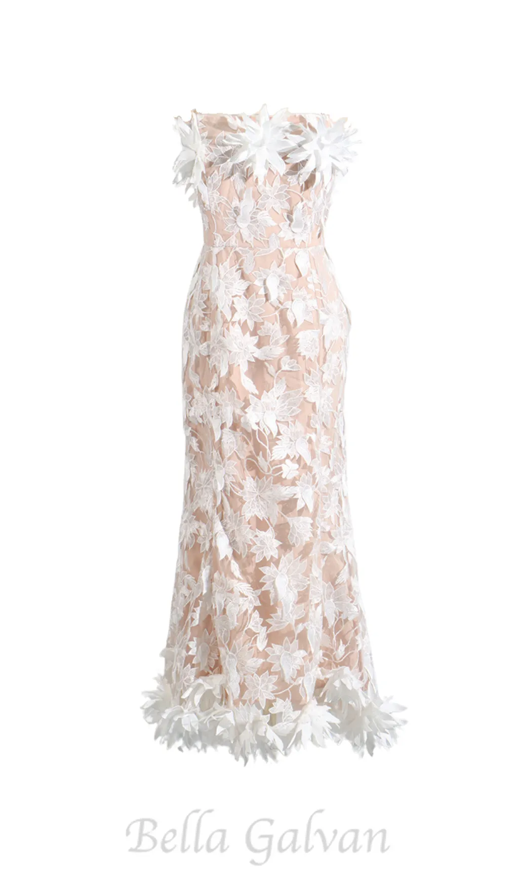 3D flower embroidery strapless midi dress in beige Flowering Girl