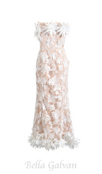 3D flower embroidery strapless midi dress in beige Flowering Girl