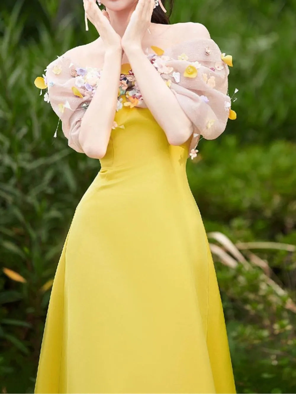 Bright Yellow Satin Strapless Maxi Gown With 3D Colorful Floral Tulle Bust Flowering Girl