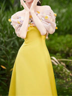 Bright Yellow Satin Strapless Maxi Gown With 3D Colorful Floral Tulle Bust Flowering Girl