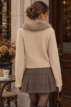 Beige Fine Knit Wool Or Cashmere Blend Fitted, Cropped Knit Cardigan Jacket Flowering Girl
