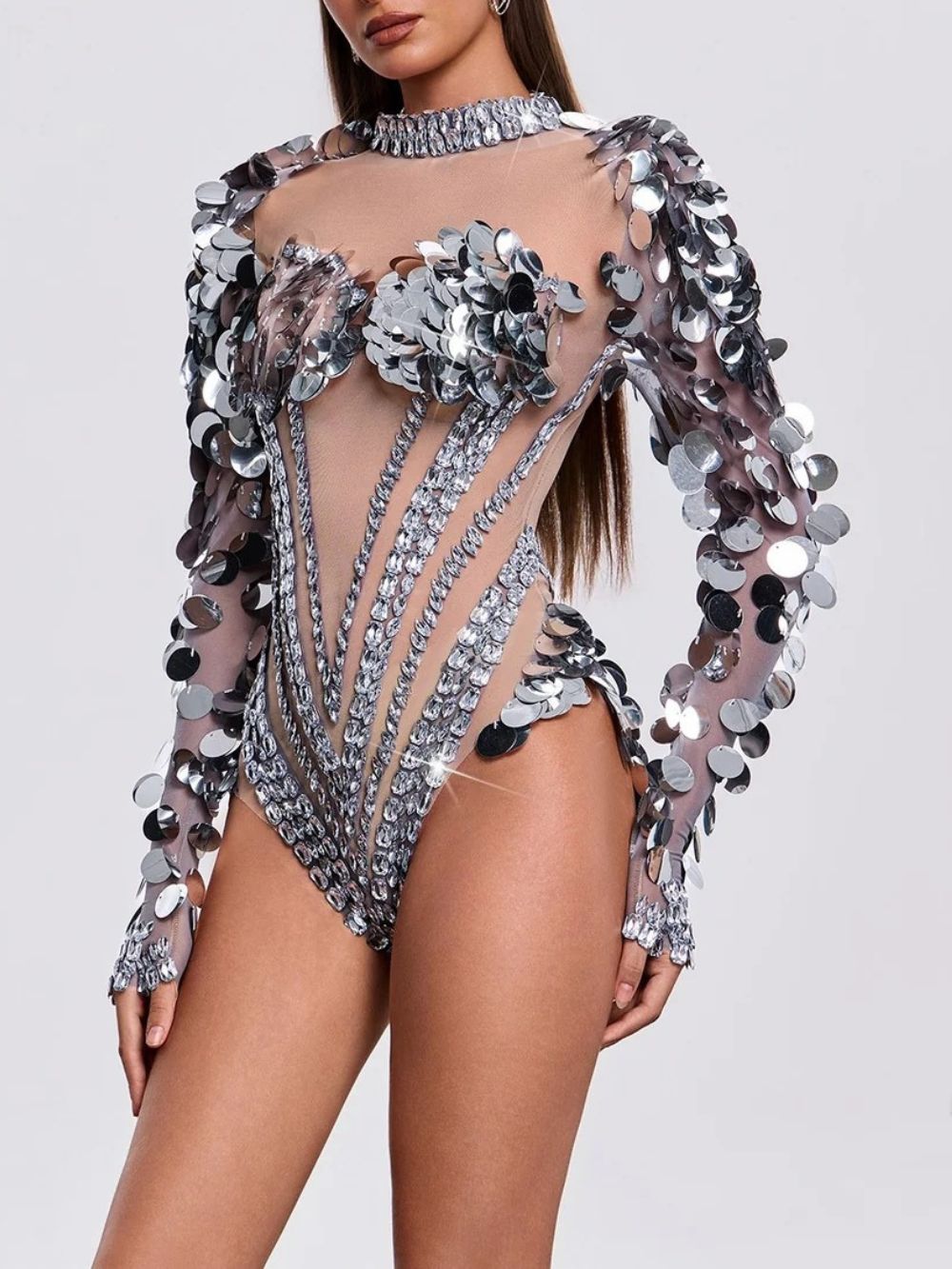 Havily Long Sleeve Sequin Mesh Bodysuit Flowering Girl