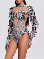 Havily Long Sleeve Sequin Mesh Bodysuit Flowering Girl