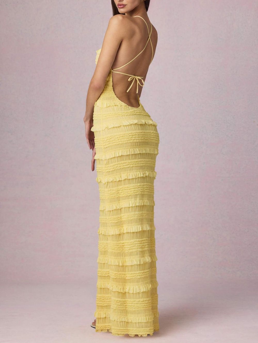 Mercedes Yellow Halter Ruffle Backless Maxi Dress Flowering Girl
