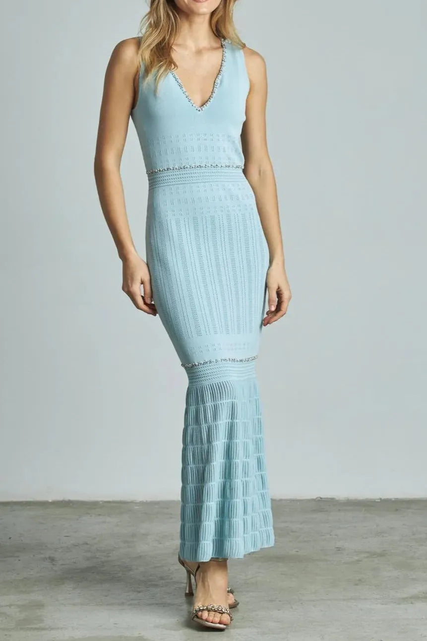 v-Neck Beading Knit Bodycon Maxi Dress In Pale Blue Flowering Girl
