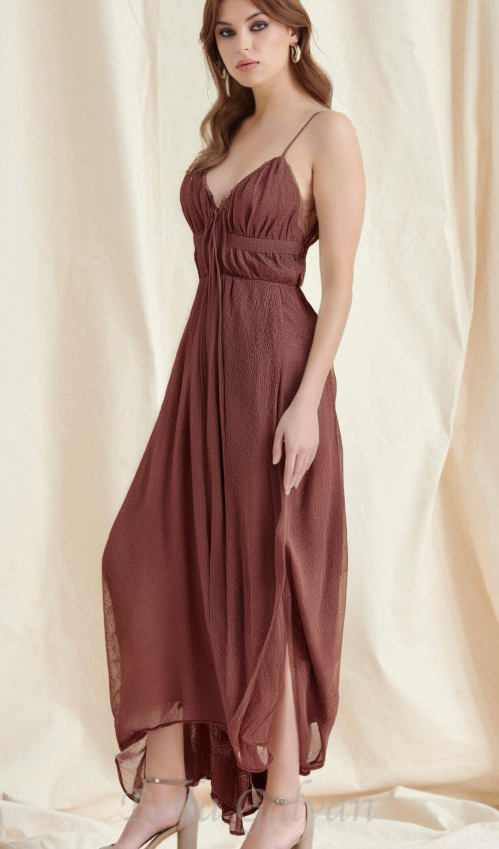 sally pleated midi dress in rust red Flowering Girl