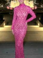 Long Sleeve Embellished Sequin Mesh Maxi Dress Hot Pink Flowering Girl