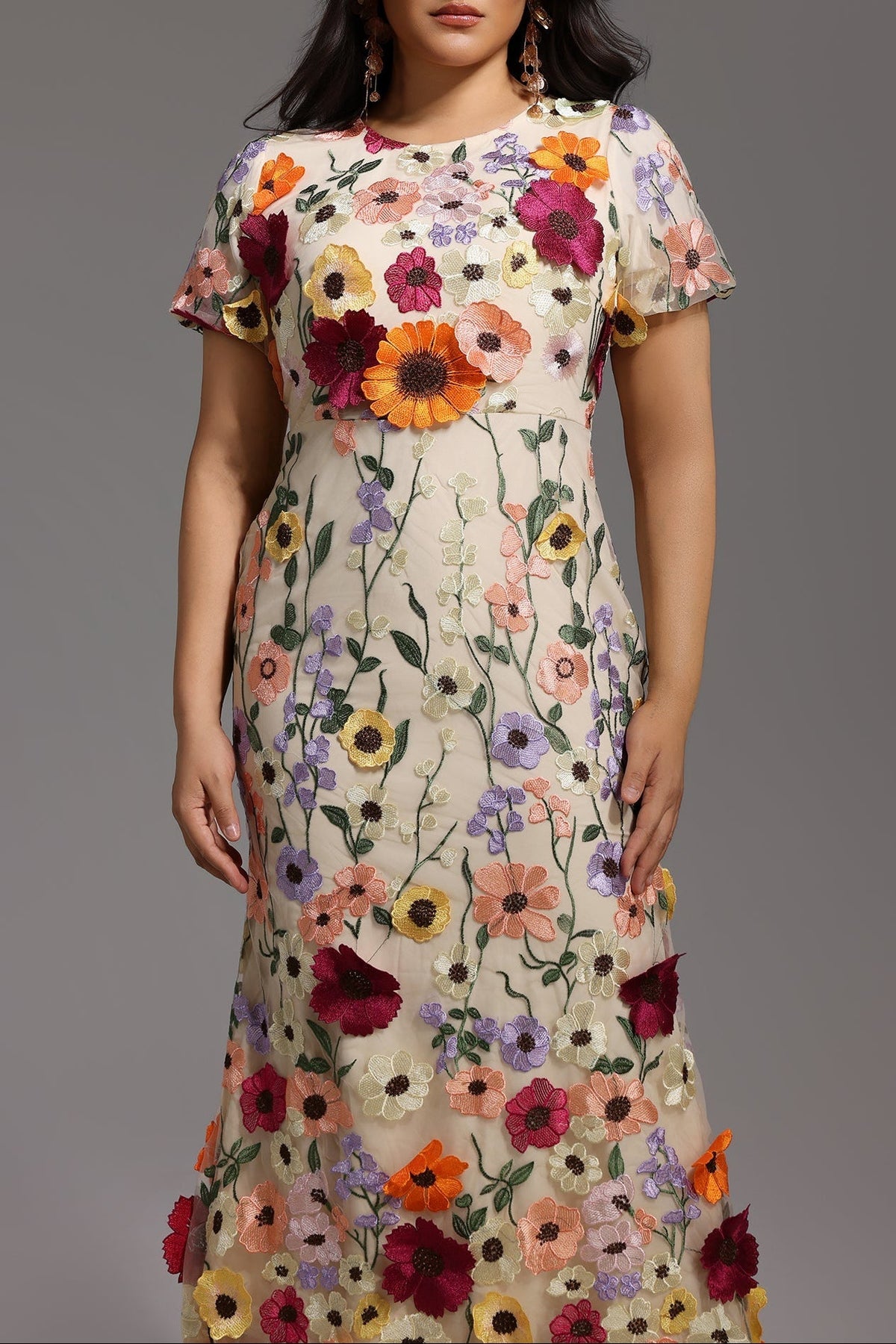 Naya Short Sleeve Round Neck Flowers Fishtail Midi Dress Flowering Girl