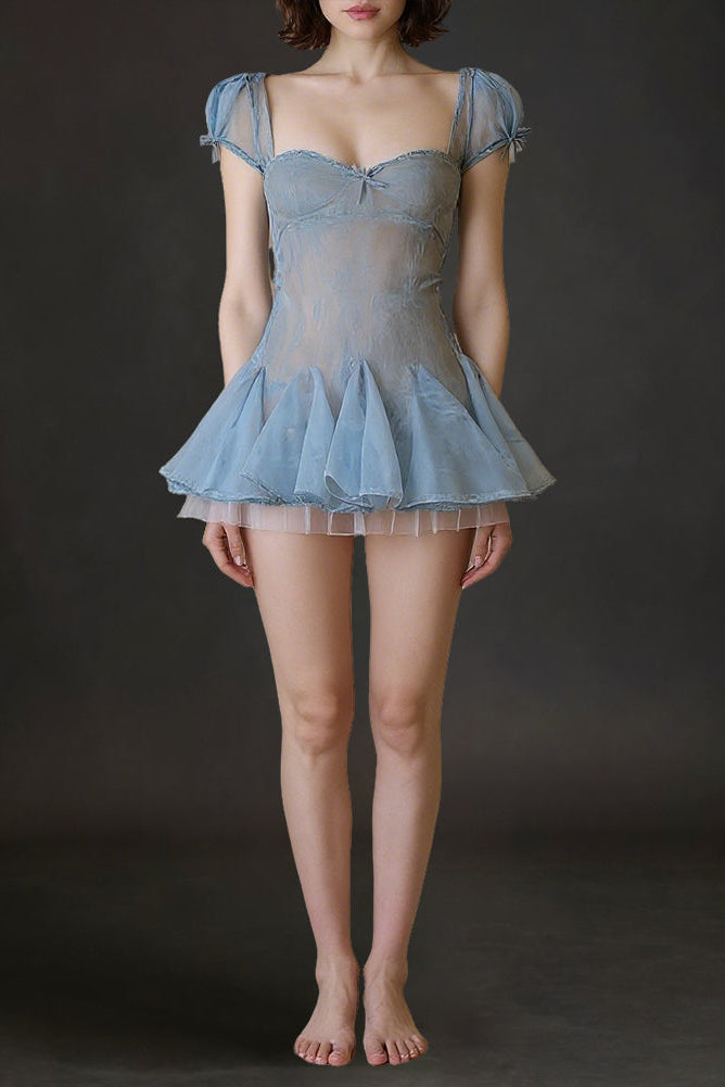 Lace Embroidery Puffy Mini Dress In Blue Flowering Girl