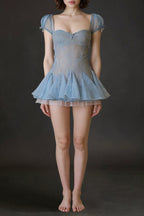 Lace Embroidery Puffy Mini Dress In Blue Flowering Girl