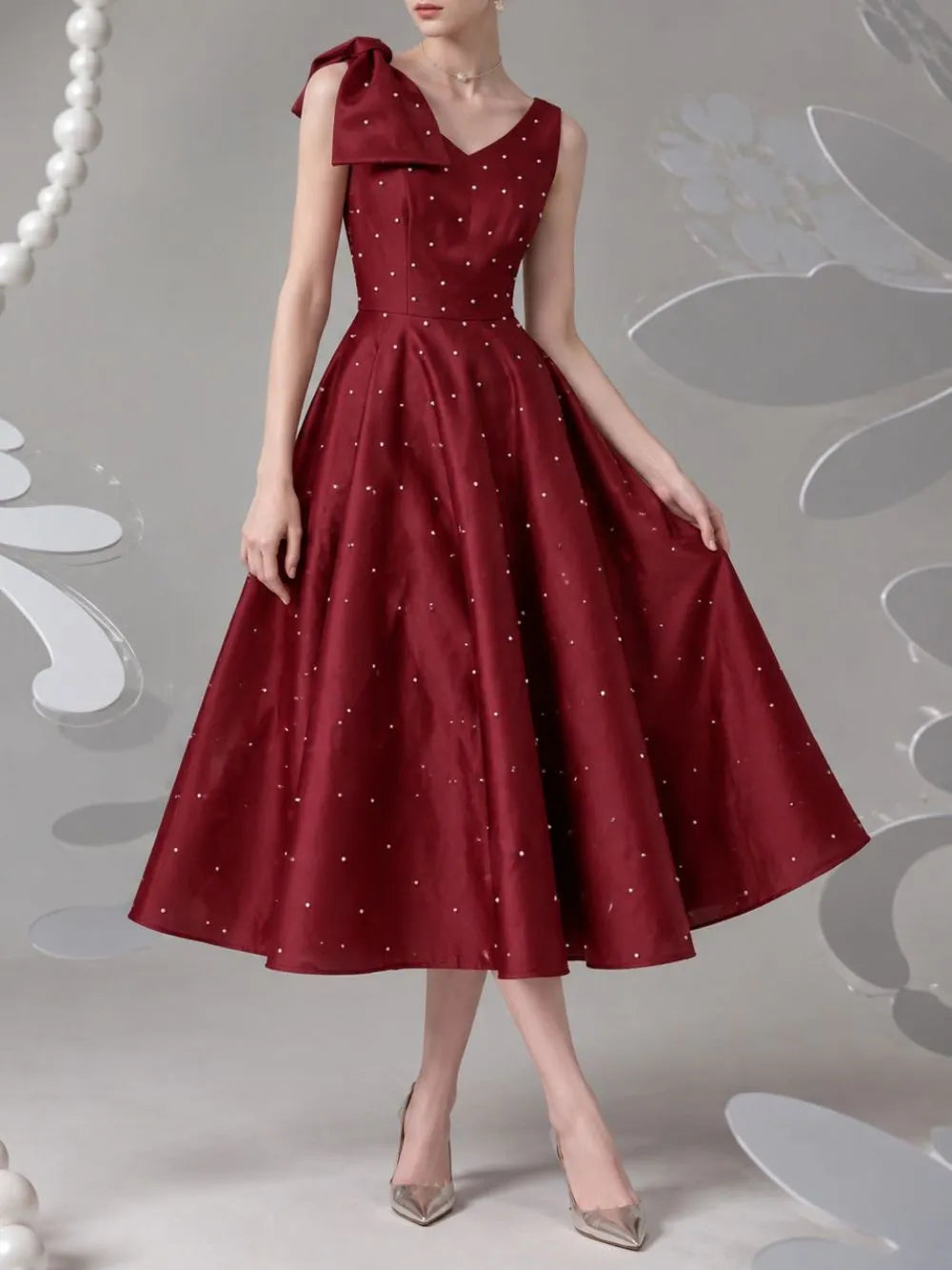 Miyuki Bow V-Neck Midi Dress Flowering Girl