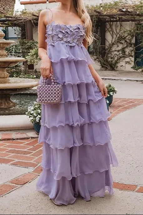 stacey sequined 3d-petal tiered maxi dress in purple Flowering Girl