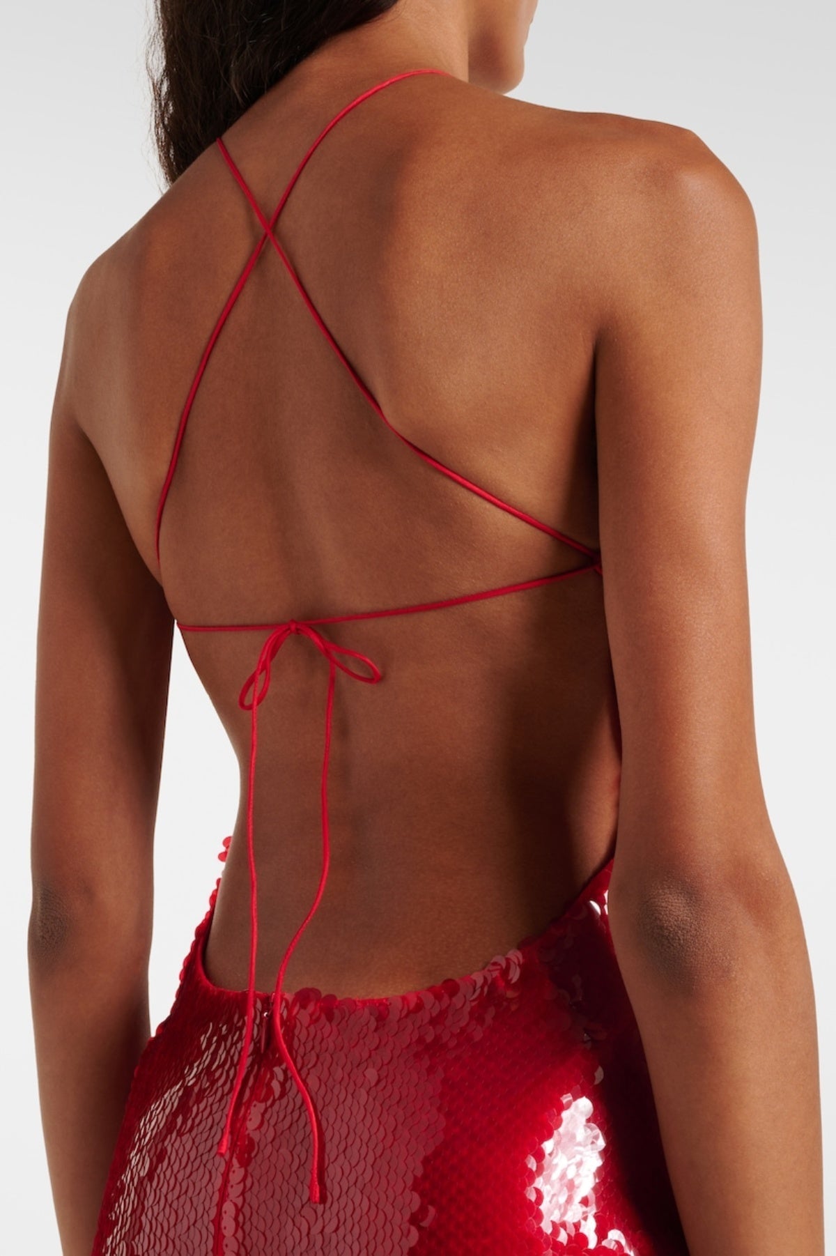 Cinwa Floral Appliqué Halter Sequin Mini Dress - Red Flowering Girl
