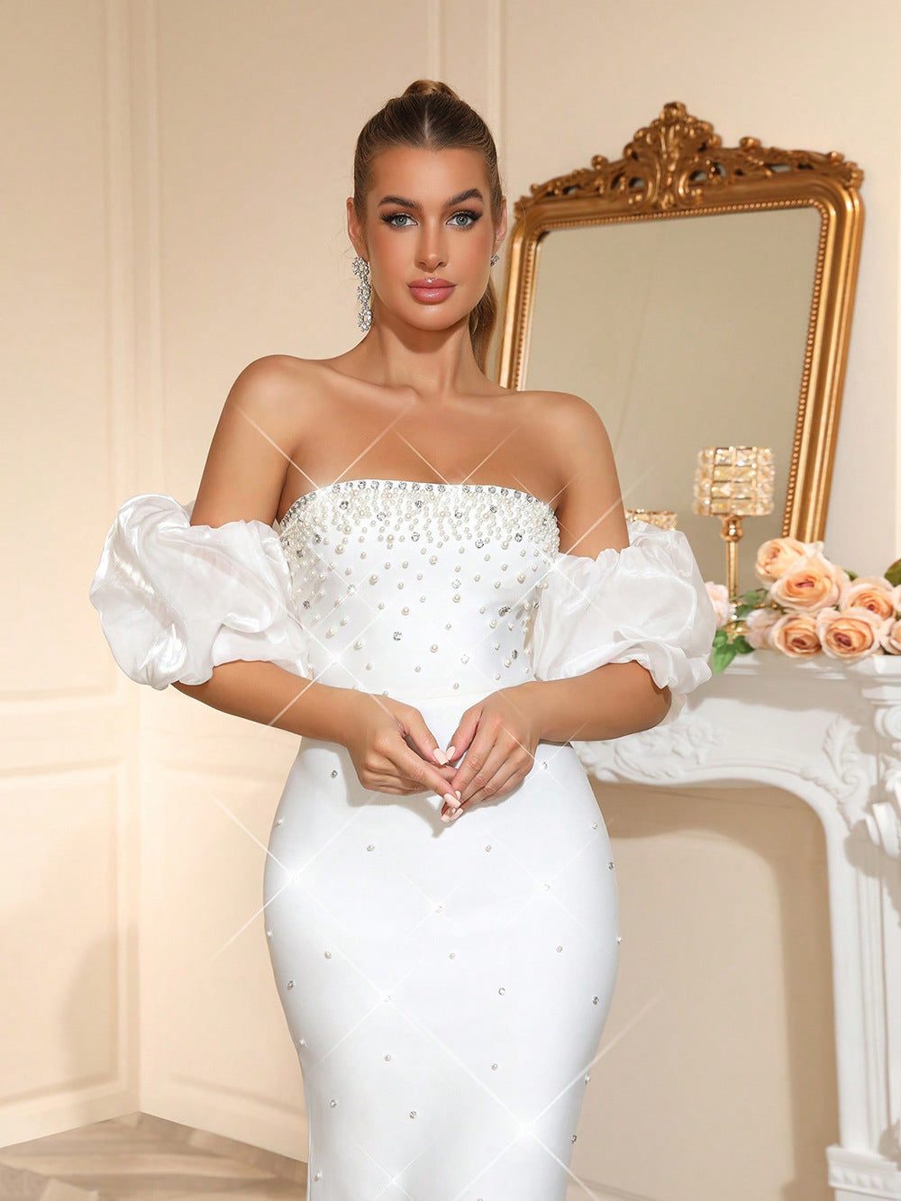 Nancy Rhinestone Beading Strapless Maxi Dress In White Flowering Girl