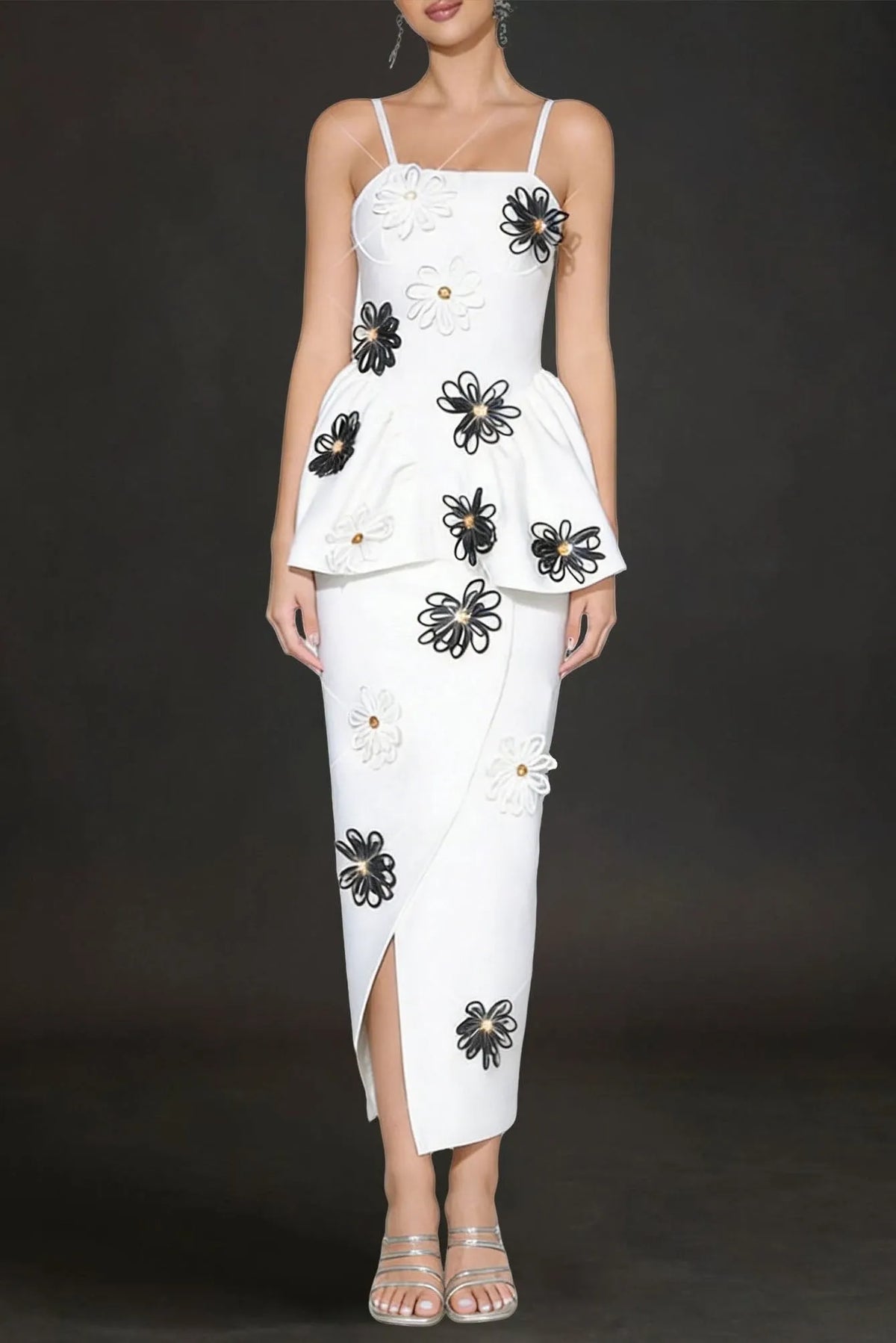 White Bodycon Midi Dress Bandage Elastic Sling With Handmade Flower Flowering Girl