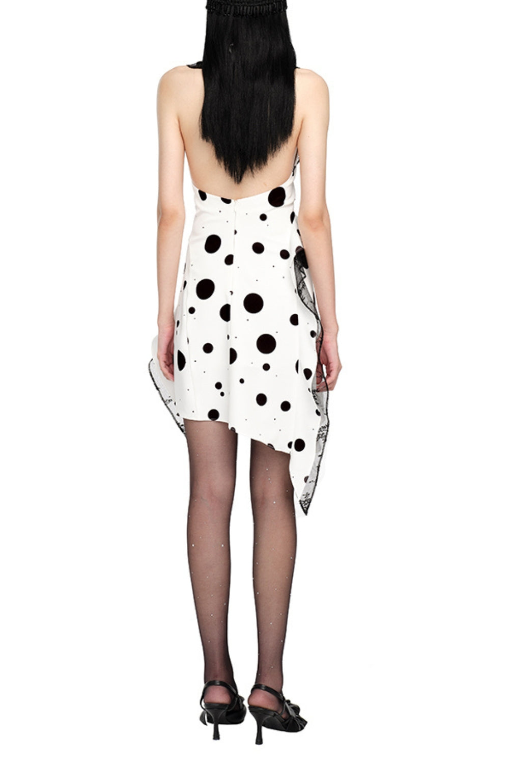 Phoenix Ruffled Polka Dot Backless Mini Dress In White Flowering Girl
