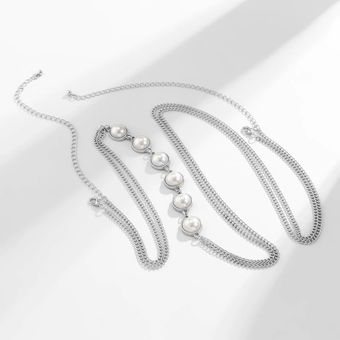 Pearl Crossover Chest Body Chain In Silver Flowering Girl
