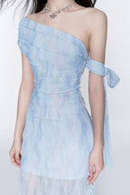 Rosalind One-Shoulder Pleated Slim Maxi Dress In Blue Flowering Girl