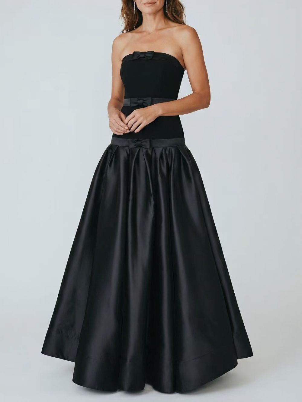 Strapless Bow Detail A Line Maxi Dress Black Flowering Girl