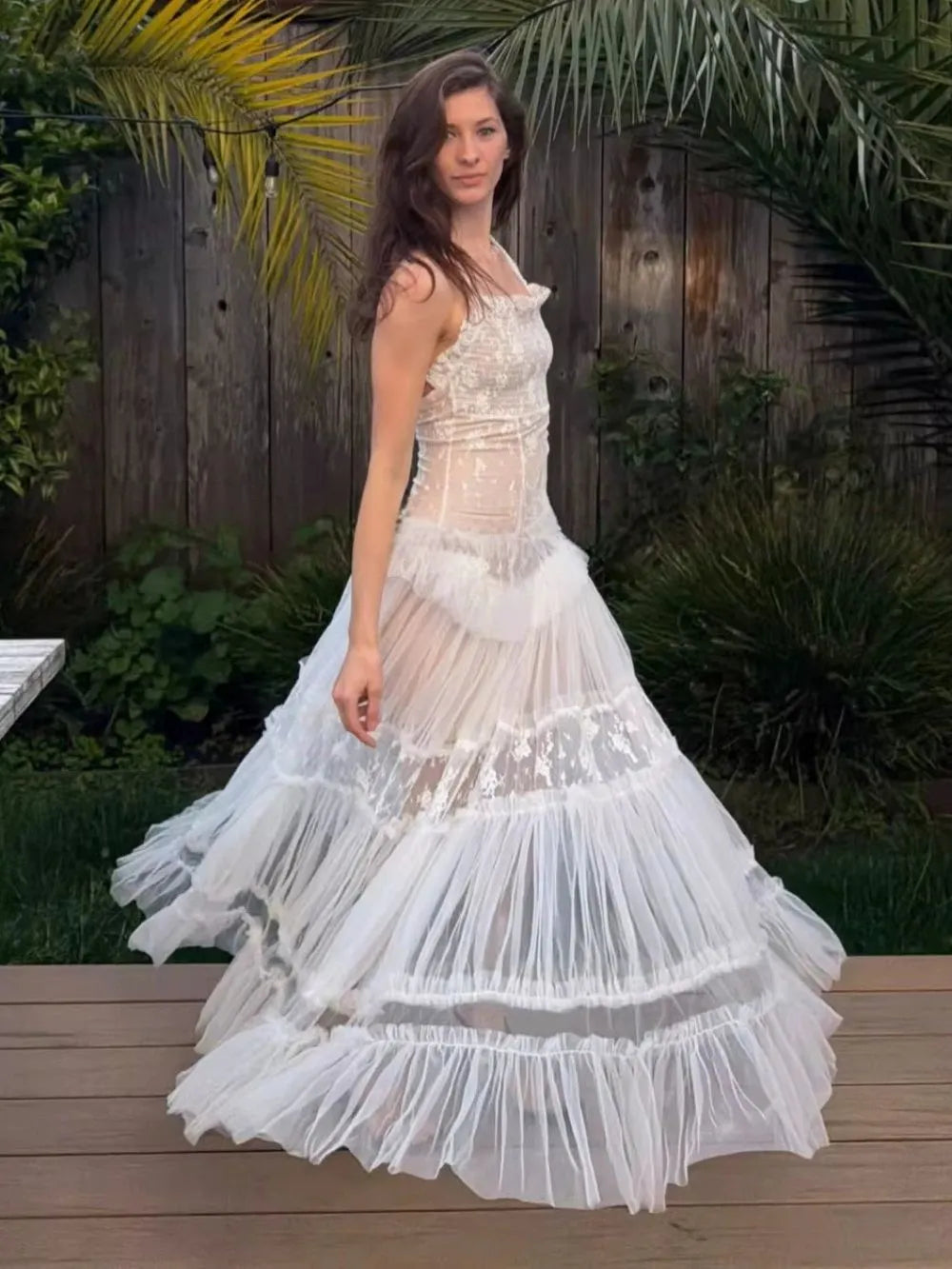 Marija White Spaghetti Mesh Maxi Dress Flowering Girl