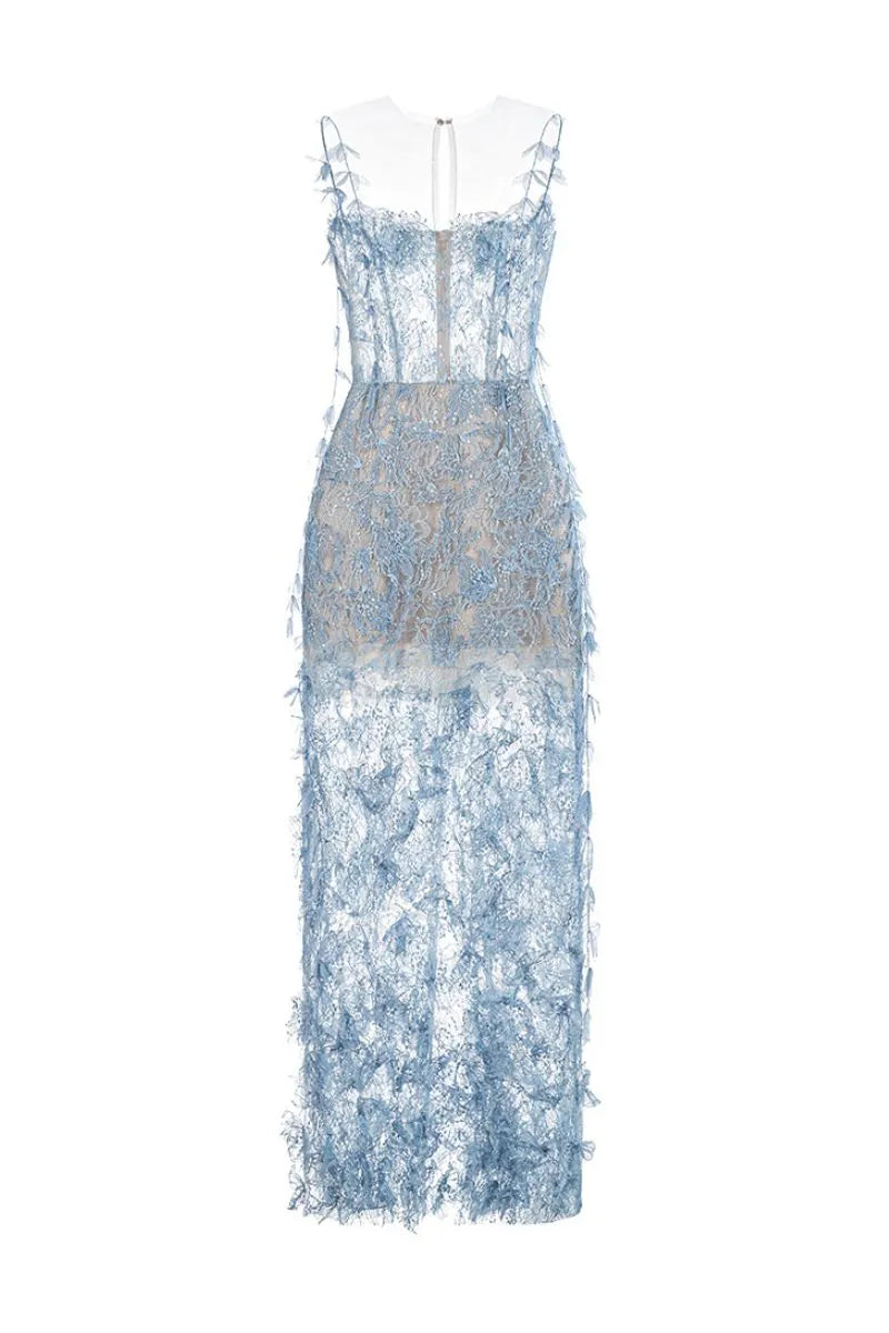 BLUE BEADED LACE PENCIL MIDI DRESS Flowering Girl